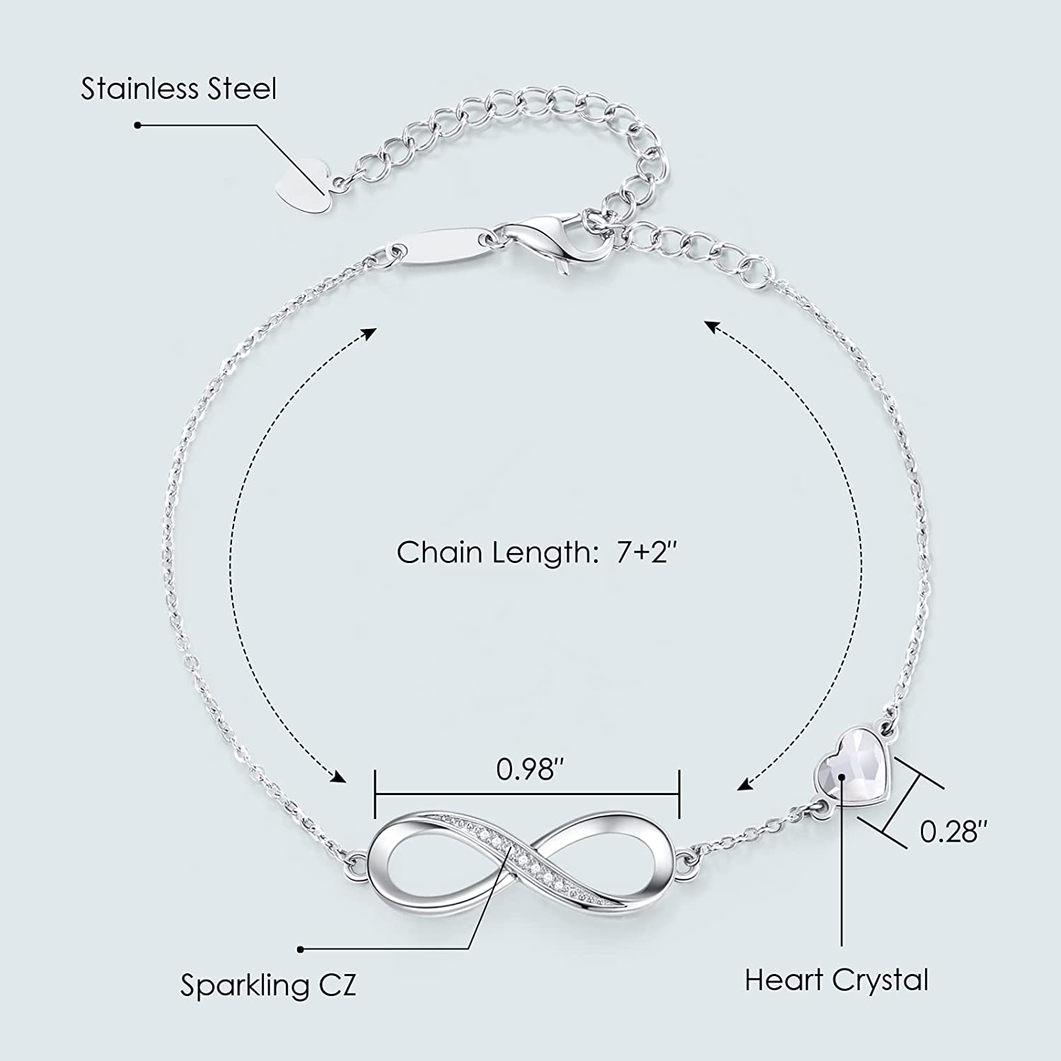 CDE Infinity Heart Symbol Charm Link Bracelet for Women 925 Sterling Silver Stainless Steel Adjustable Anniversary Jewelry Birthday Gifts for Women Wife Girlfriend Her - Image 5